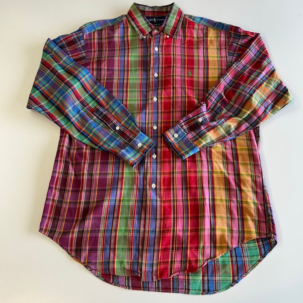 Ralph Lauren Classic Fit Plaid Button Down Shirt Mens Medium Multi Color Pony